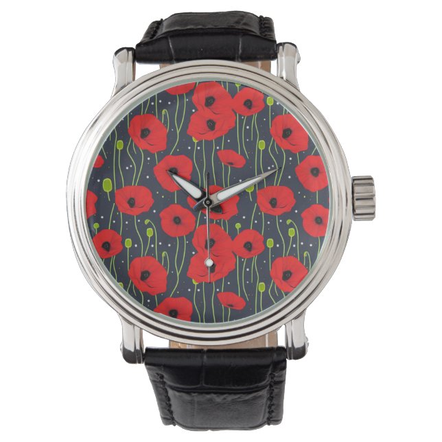 Vibrant Modern Red Poppies Pattern Art Horloge (Voorkant)