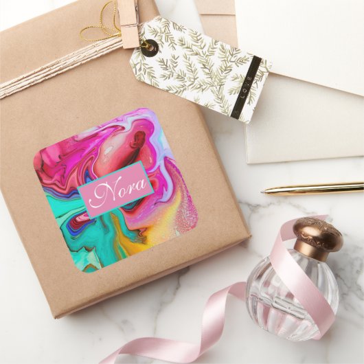Vibrant Moderne Marble Waterverf personaliseren Vierkante Sticker (Geschenken)