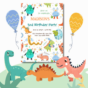 Vibrant Monster & Dinosaur 3e verjaardagsfeest Kaart