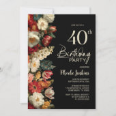 Vibrant Moody Floral Black 40th Birthday Party Kaart (Voorkant)