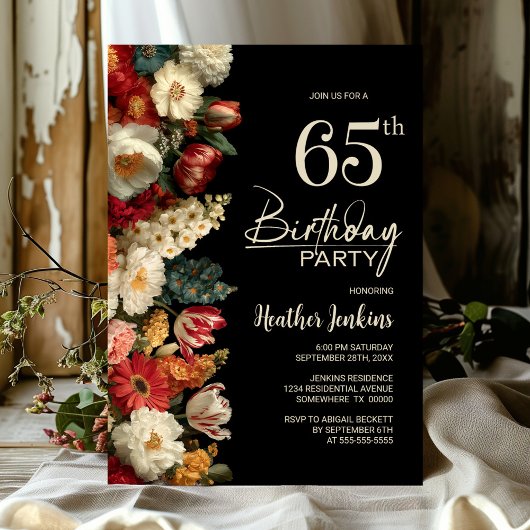 Vibrant Moody Floral Black 65th Birthday Party Kaart
