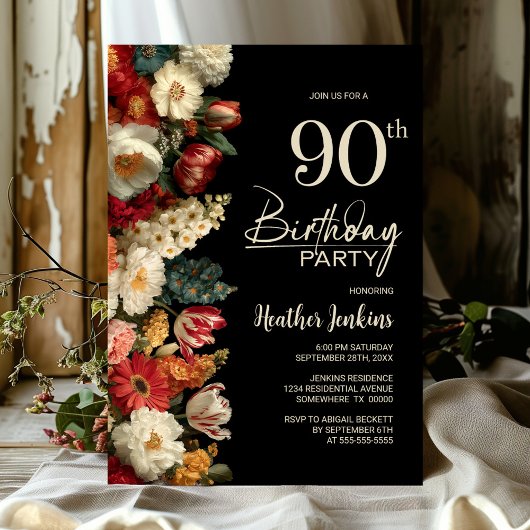 Vibrant Moody Floral Black 90th Birthday Party Kaart