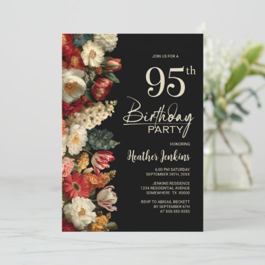 Vibrant Moody Floral Black 95th Birthday Party Kaart (Staand voorkant)