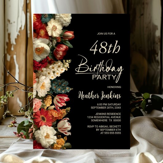 Vibrant Moody Floral Black Any Age Birthday Party Kaart