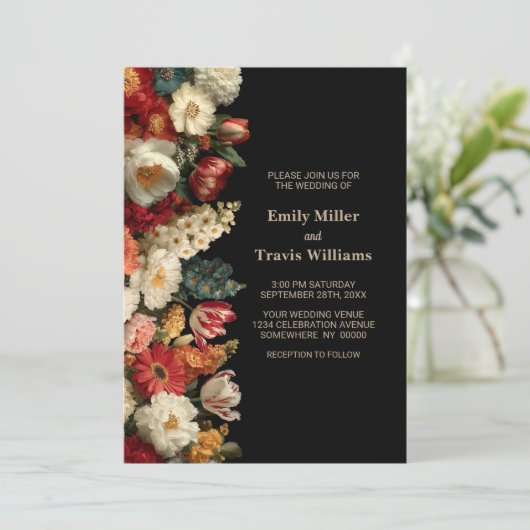 Vibrant Moody Floral Black Wedding Kaart (Staand voorkant)