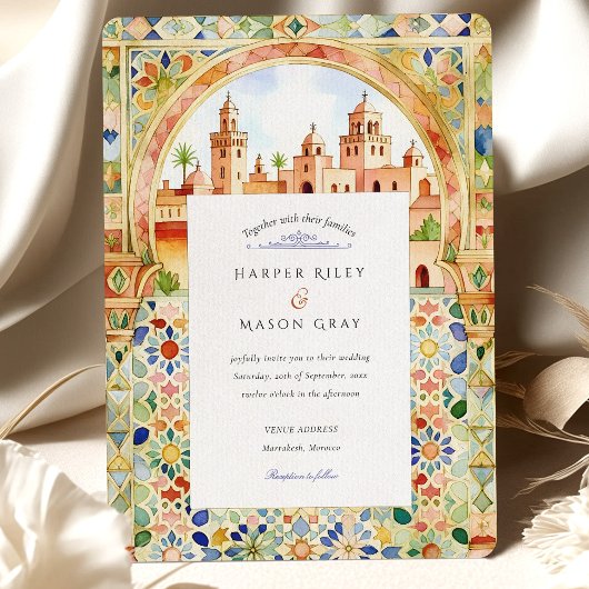 Vibrant Moroccan Tile & Marrakesh Arch Wedding Kaart