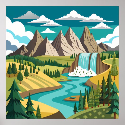 Vibrant Mountain Landscape with Waterfall and Rive Poster (Voorkant)