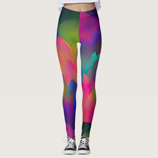 Vibrant multicolor mooie paarse gele fuchsie leggings (Voorkant)