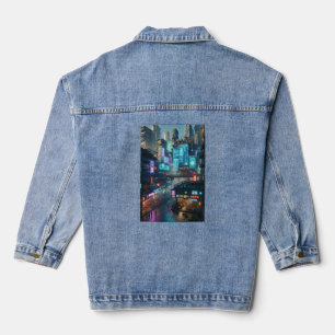 Vibrant Neon Cyberpunk Cityscape futuristisch Denim Jacket