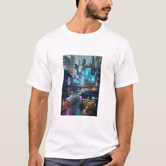 Vibrant Neon Cyberpunk Cityscape futuristisch T-shirt (Voorkant)