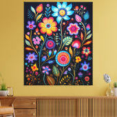 Vibrant Neon Floral Black Background Wood Plaque Canvas Afdruk (Insitu (Woonkamer))