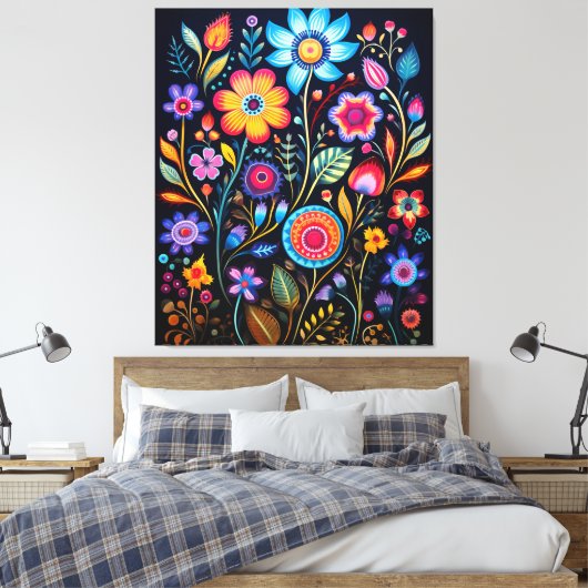 Vibrant Neon Floral Black Background Wood Plaque Canvas Afdruk (Insitu (Slaapkamer))