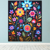 Vibrant Neon Floral Black Background Wood Plaque Canvas Afdruk (Insitu (Houten vloer))