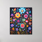 Vibrant Neon Floral Black Background Wood Plaque Canvas Afdruk (Voorkant)