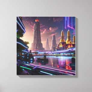 Vibrant Neon Lights van Cyberpunk Bangkok Canvas Afdruk