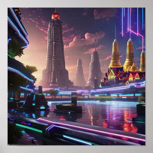 Vibrant Neon Lights van Cyberpunk Bangkok Poster (Voorkant)