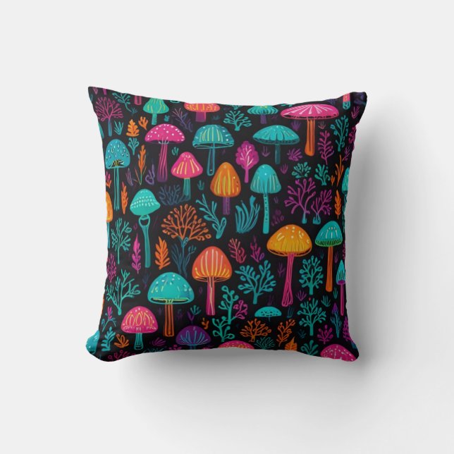 Vibrant Neon Mushroom Magic: Unique Patterns  Kussen (Voorkant)