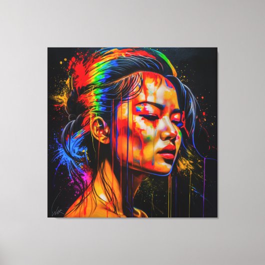 Vibrant Neon Portrait – Abstracte expressionistisc Canvas Afdruk (Voorkant)