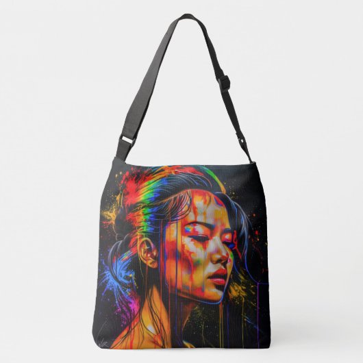 Vibrant Neon Portrait – Abstracte expressionistisc Crossbody Tas (Achterkant)