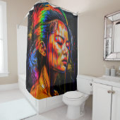 Vibrant Neon Portrait – Abstracte expressionistisc Douchegordijn (In situ)