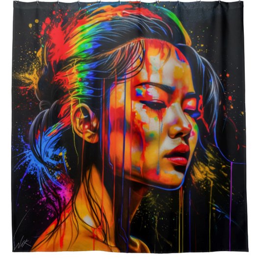 Vibrant Neon Portrait – Abstracte expressionistisc Douchegordijn (Voorkant)