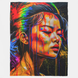 Vibrant Neon Portrait – Abstracte expressionistisc Fleece Deken