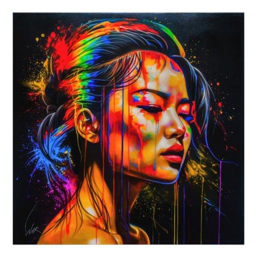 Vibrant Neon Portrait – Abstracte expressionistisc Foto Afdruk (Voorkant)