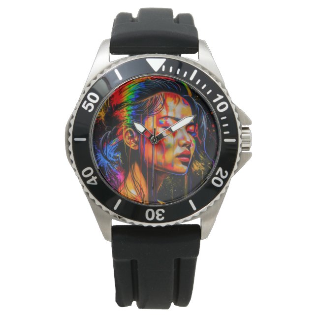 Vibrant Neon Portrait – Abstracte expressionistisc Horloge (Voorkant)