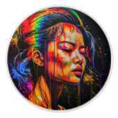 Vibrant Neon Portrait – Abstracte expressionistisc Keramische Knop (Voorkant)