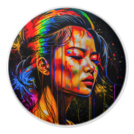 Vibrant Neon Portrait – Abstracte expressionistisc Keramische Knop