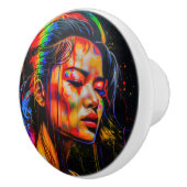 Vibrant Neon Portrait – Abstracte expressionistisc Keramische Knop (Rechts)