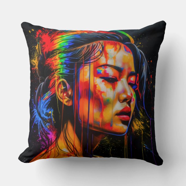Vibrant Neon Portrait – Abstracte expressionistisc Kussen (Voorkant)