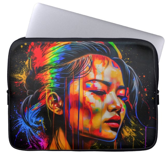 Vibrant Neon Portrait – Abstracte expressionistisc Laptop Sleeve (Voorkant)