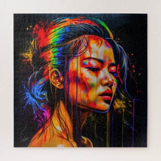 Vibrant Neon Portrait – Abstracte expressionistisc Legpuzzel (Verticaal)
