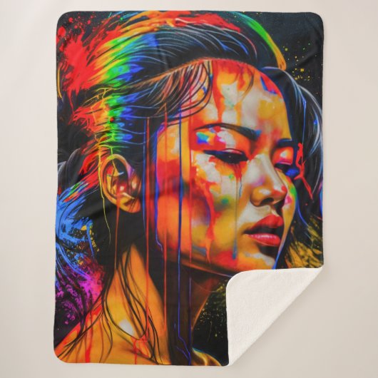 Vibrant Neon Portrait – Abstracte expressionistisc Sherpa Deken (Voorkant)