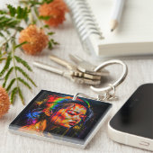 Vibrant Neon Portrait – Abstracte expressionistisc Sleutelhanger (Voorkant Rechts)