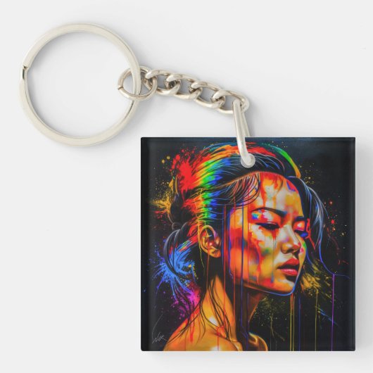 Vibrant Neon Portrait – Abstracte expressionistisc Sleutelhanger (Voorkant)