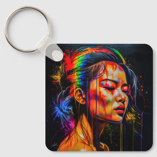 Vibrant Neon Portrait – Abstracte expressionistisc Sleutelhanger (Voorkant)
