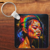 Vibrant Neon Portrait – Abstracte expressionistisc Sleutelhanger (Voorkant)