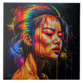 Vibrant Neon Portrait – Abstracte expressionistisc Tegeltje