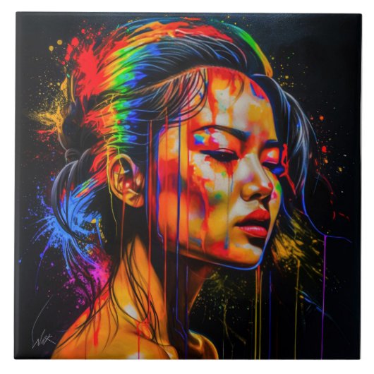 Vibrant Neon Portrait – Abstracte expressionistisc Tegeltje (Voorkant)