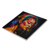 Vibrant Neon Portrait – Abstracte expressionistisc Tegeltje (Zijkant)