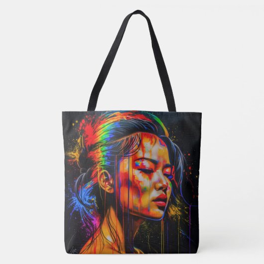 Vibrant Neon Portrait – Abstracte expressionistisc Tote Bag (Voorkant)
