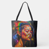 Vibrant Neon Portrait – Abstracte expressionistisc Tote Bag (Achterkant)