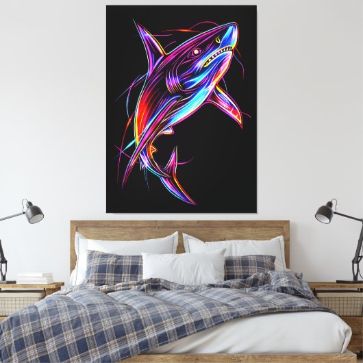 Vibrant Neon Shark Modern Digital Ocean Canvas Afdruk (Insitu (Slaapkamer))