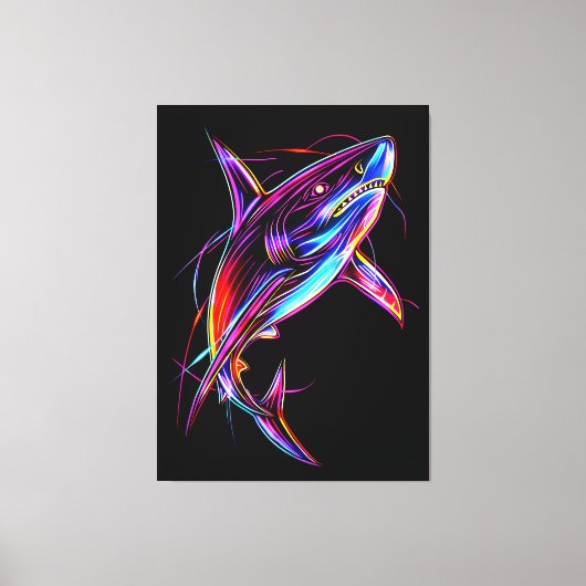Vibrant Neon Shark Modern Digital Ocean Canvas Afdruk (Voorkant)