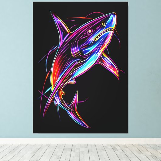 Vibrant Neon Shark Modern Digital Ocean Canvas Afdruk (Insitu (Houten vloer))