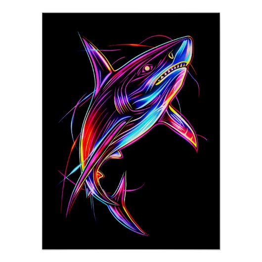 Vibrant Neon Shark Modern Digital Ocean Perfect Poster (Voorkant)