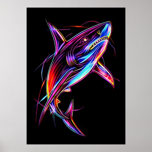 Vibrant Neon Shark Modern Digital Ocean Poster (Voorkant)