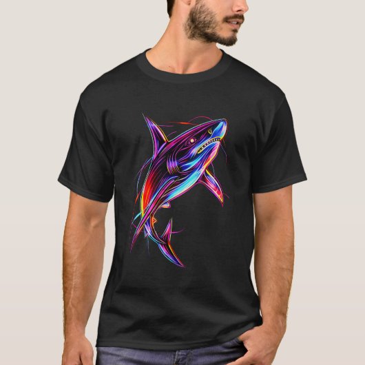 Vibrant Neon Shark Modern Digital Ocean T-shirt (Voorkant)